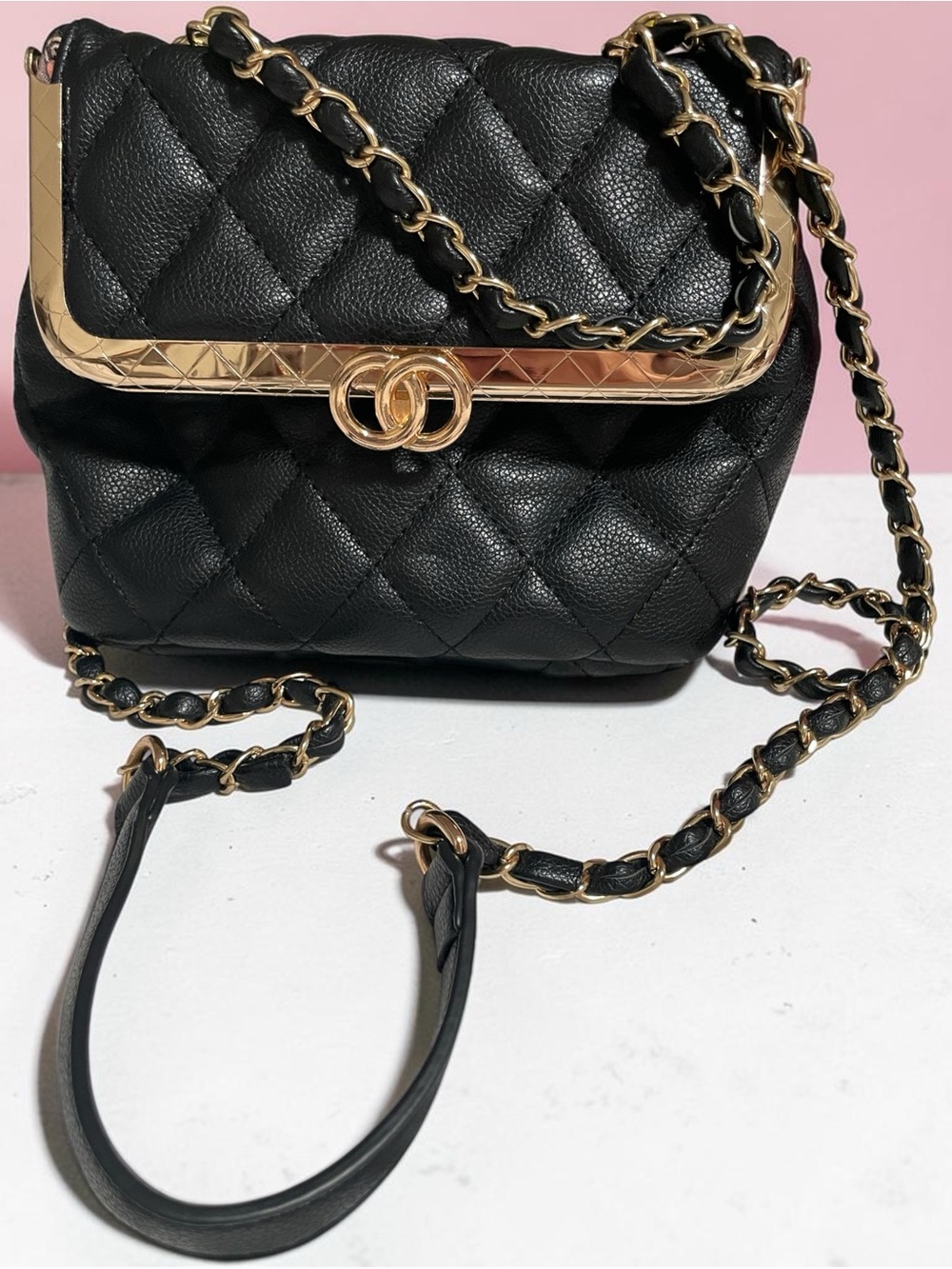 Black Quilted Leather Like Crossbody Bag with Gold Chain and Logo Accent